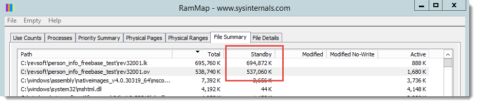 Click to Enlarge - RAMMAP Mapped Files Standby Memory Detail